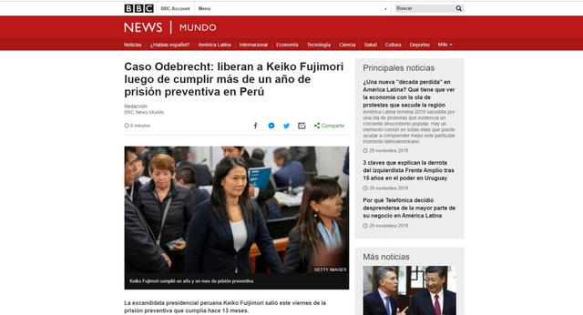 La BBC de Londres informa sobre la excarcelación de Keiko Fujimori. (Captura)