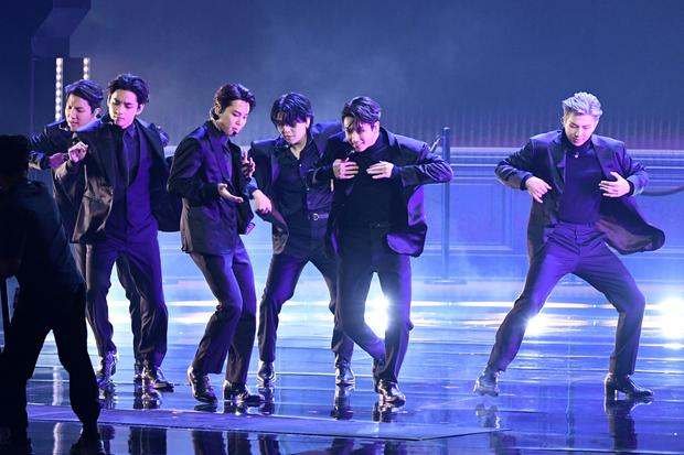 South Korean boy band BTS performs onstage during the 64th Annual Grammy Awards at the MGM Grand Garden Arena in Las Vegas on April 3, 2022. (Photo by VALERIE MACON / AFP)