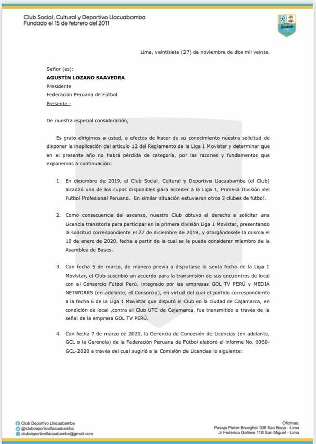 Liga 1: Deportivo Llacuabamba solicitó la anulación del descenso a la  Federación Peruana de Fútbol | Perú | NCZD | DEPORTE-TOTAL | EL COMERCIO  PERÚ