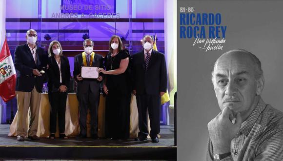 Izq.: la familia de Roca Rey recibió el reconocimiento de manos del alcalde de Miraflores, Luis Molina. Der.: portada del libro “Ricardo Roca Rey. Una profunda huella”. (Foto: Hugo Pérez)