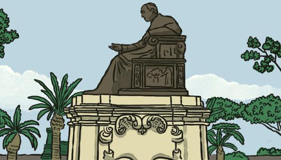 “La figura del venerable maestro, educador de varias generaciones, está admirablemente moldeada en bronce”. (Ilustración: Víctor Aguilar Rúa).