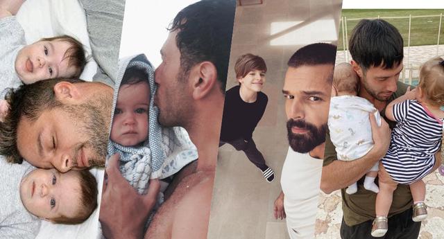 De izquierda a derecha: Ricky Martin junto a sus mellizos cuando eran bebés y Jwan Yosef en compañía de Lucía y Renn, los menores de la familia.