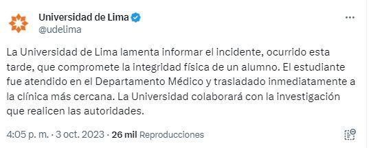 El mensaje que la Universidad de Lima compartió en su cuenta de X (antes Twitter)
