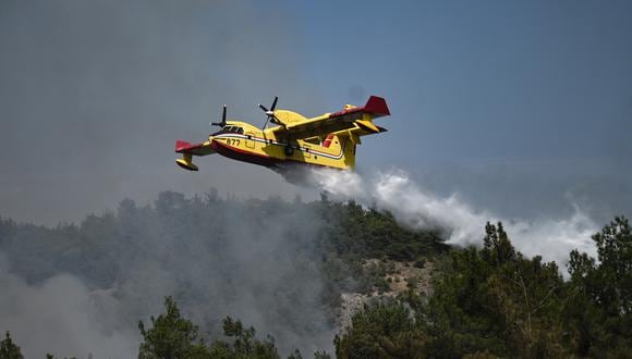 Un avión anfibio de Canadair arrojando agua sobre los incendios forestales que se propagan en el bosque de Dadia. (Foto de Sakis MITROLIDIS / AFP)