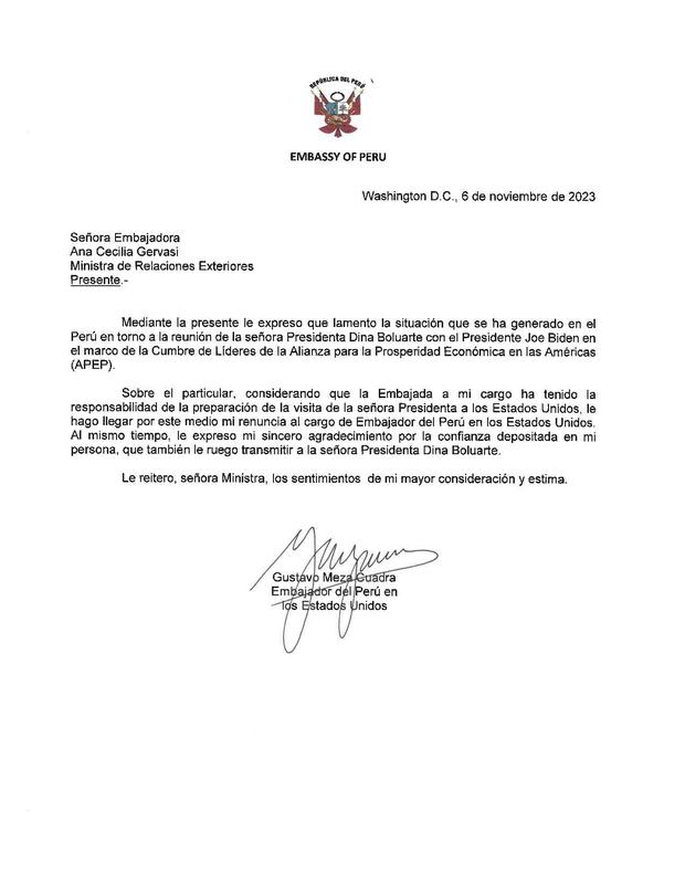 Esta es la carta de renuncia del embajador del Perú en Estados Unidos, Gustavo Meza-Cuadra.