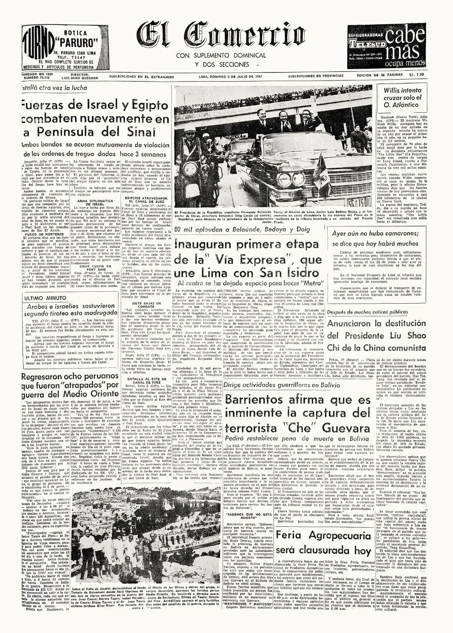 Inauguración de la Vía Expresa en 1967, nota destacada en la portada de El Comercio. FOTO: GEC Archivo Histórico.