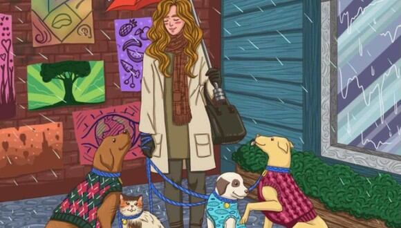 RETO VISUAL | En esta imagen se aprecia a una mujer con tres perros y un gato. Todos están felices en un día lluvioso. (Foto: genial.guru)