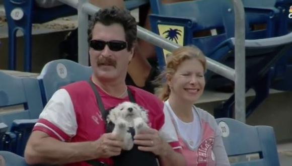 Hombre y su perro se roban el show durante partido de béisbol