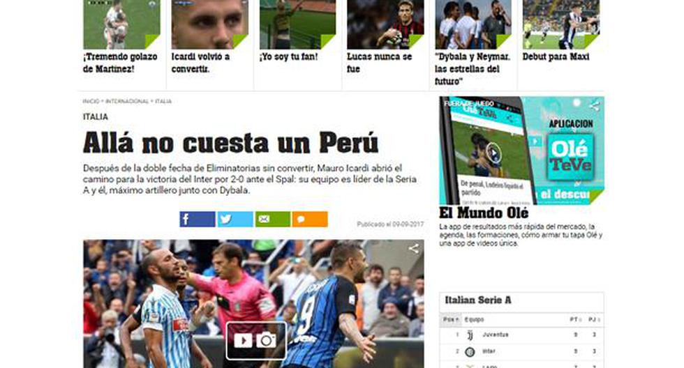 Así tituló el diario Olé una nota sobre el gol de Mauro Icardi con el Inter de Milan. (Foto: Captura Olé)