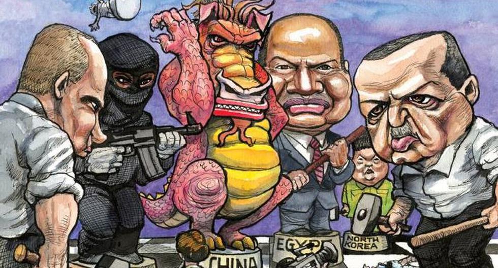 Caricatura que acompaña la portada del informe de Freedom House sobre la libertad de prensa en el mundo (Foto: Freedom House)