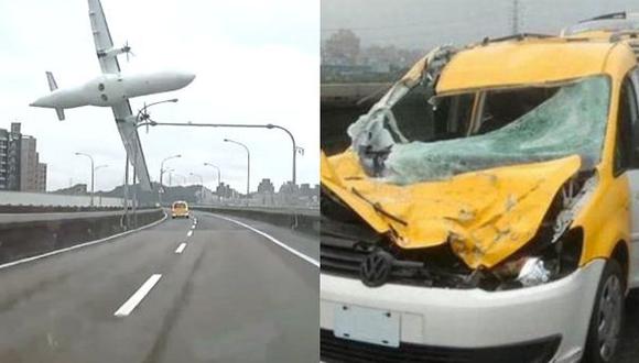 Así quedó el taxi que fue impactado por el avión de TransAsia