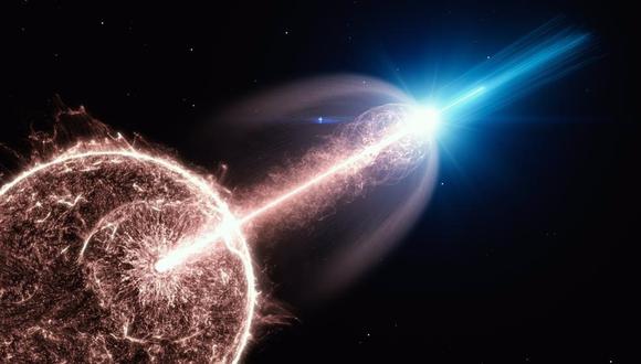 Impresión artística de un chorro relativista de un estallido de rayos gamma (GRB), saliendo de una estrella que colapsa y emitiendo fotones de muy alta energía. (DESY, SCIENCE COMMUNICATION LAB)
