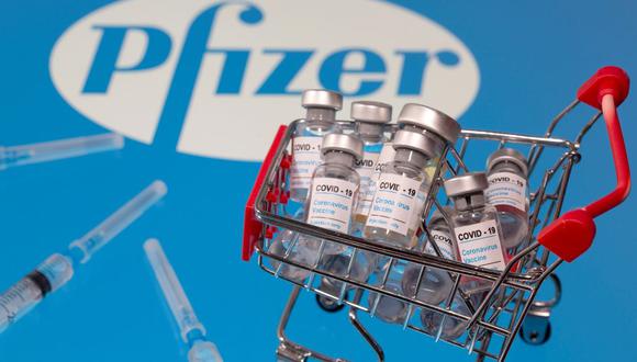 Una pequeña canasta de compras llena de viales etiquetados como "COVID-19  y un logotipo de Pfizer. (REUTERS / Dado Ruvic / Ilustración).