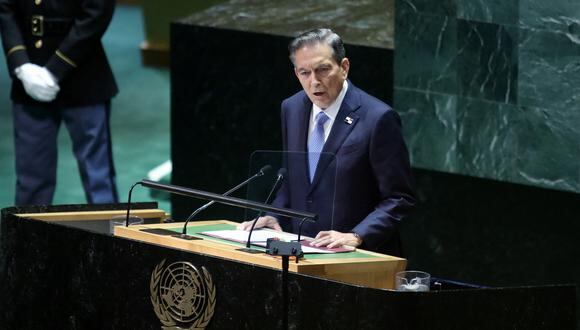 El presidente de Panamá, Laurentino Cortizo, se dirige a la 78.ª Asamblea General de las Naciones Unidas en la sede de la ONU en la ciudad de Nueva York el 19 de septiembre de 2023. (Foto de Leonardo Munoz / AFP)