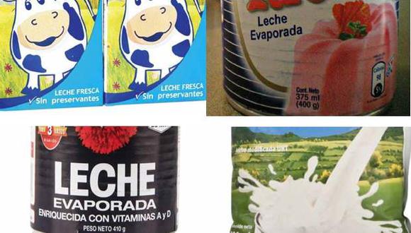 Etiquetas de distintas marcas de leche con la palabra "Leche".