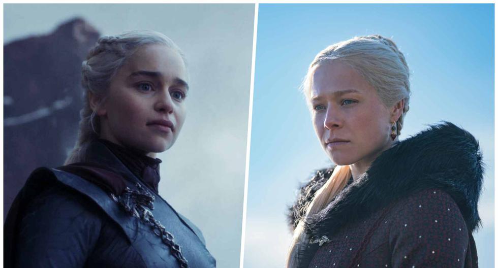 De izquierda a derecha Daenerys Targaryen (Emilia Clarke) y Rhaenyra Targaryen (Emma D'Arcy), descendientes del reino de Valyria que, a su manera, dejan huella en "Game of Thrones" y su precuela, "House of the Dragon".