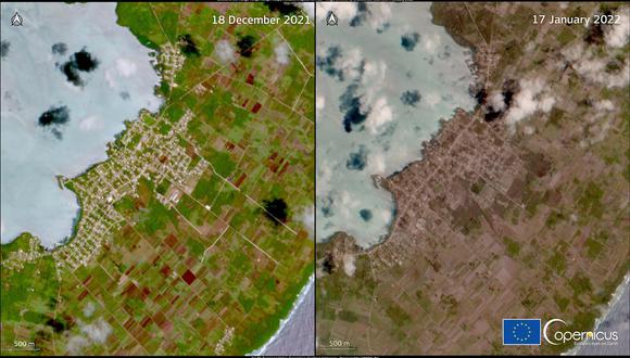 Imágenes satelitales captadas por el Programa de Observación Terrestre de la Unión Europea, Copernicus, muestra el daño causado por la erupción del volcán Hunga Tonga Hunga Ha'apai y el tsunami que le siguió en Tonga. (Foto: EFE)