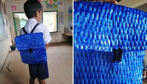 Un padre camboyano, que no tenía mucho dinero, le tejió una mochila a su hijo para que asista a la escuela | Foto: Facebook / Sophous Suon