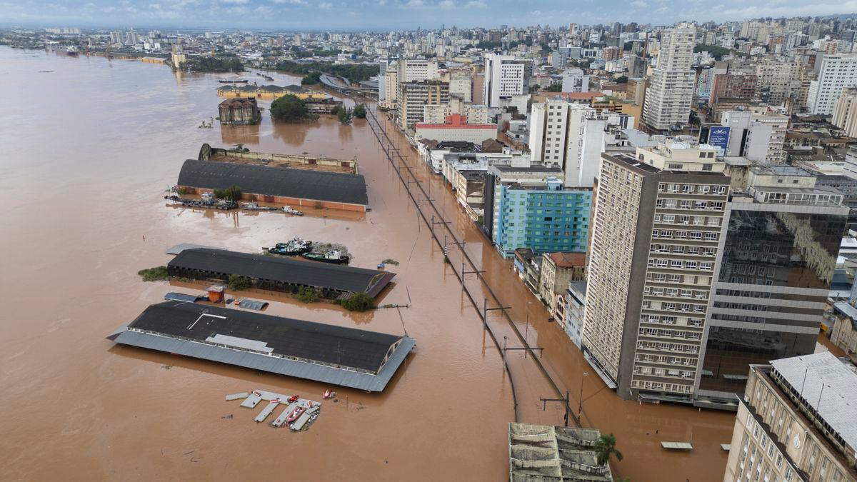 Aerial photograph taken with a drone showing a flooded area, on May 5, 2024, after the flooding of Lake Guaíba, in the city of Porto Alegre, Brazil.  (Photo by Isaac Fontana/EFE)