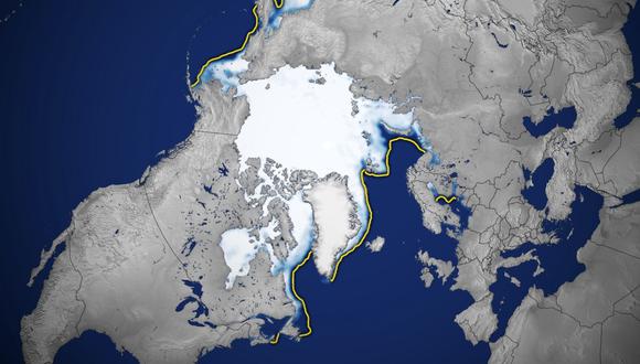 Así se encuentra la cobertura del hielo en el Ártico, al 26 de marzo de 2024. Ha sufrido una constante reducción desde 1970.