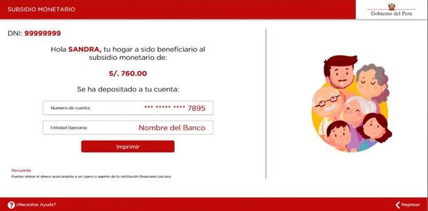 Esta pantalla te aparecerá si recibirás el pago directo en tu cuenta del Banco de la Nación (Foto: Andina)