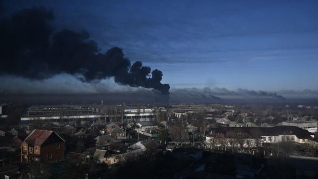 The Russian military operation is hitting various military targets across Ukraine, such as this attack on a military airport near the city of Kharkiv.