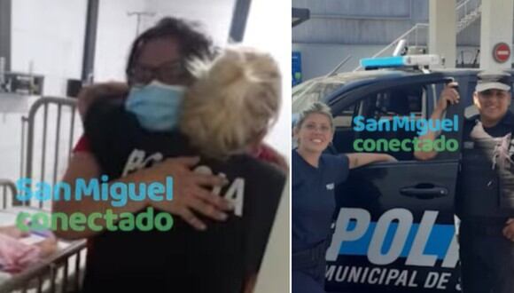 En esta imagen se aprecia a la madre de la bebé abrazando a la policía por haber salvado a su hija. Asimismo, se ve a los dos agentes de esta historia. (Foto: San Miguel Conectado / Facebook)