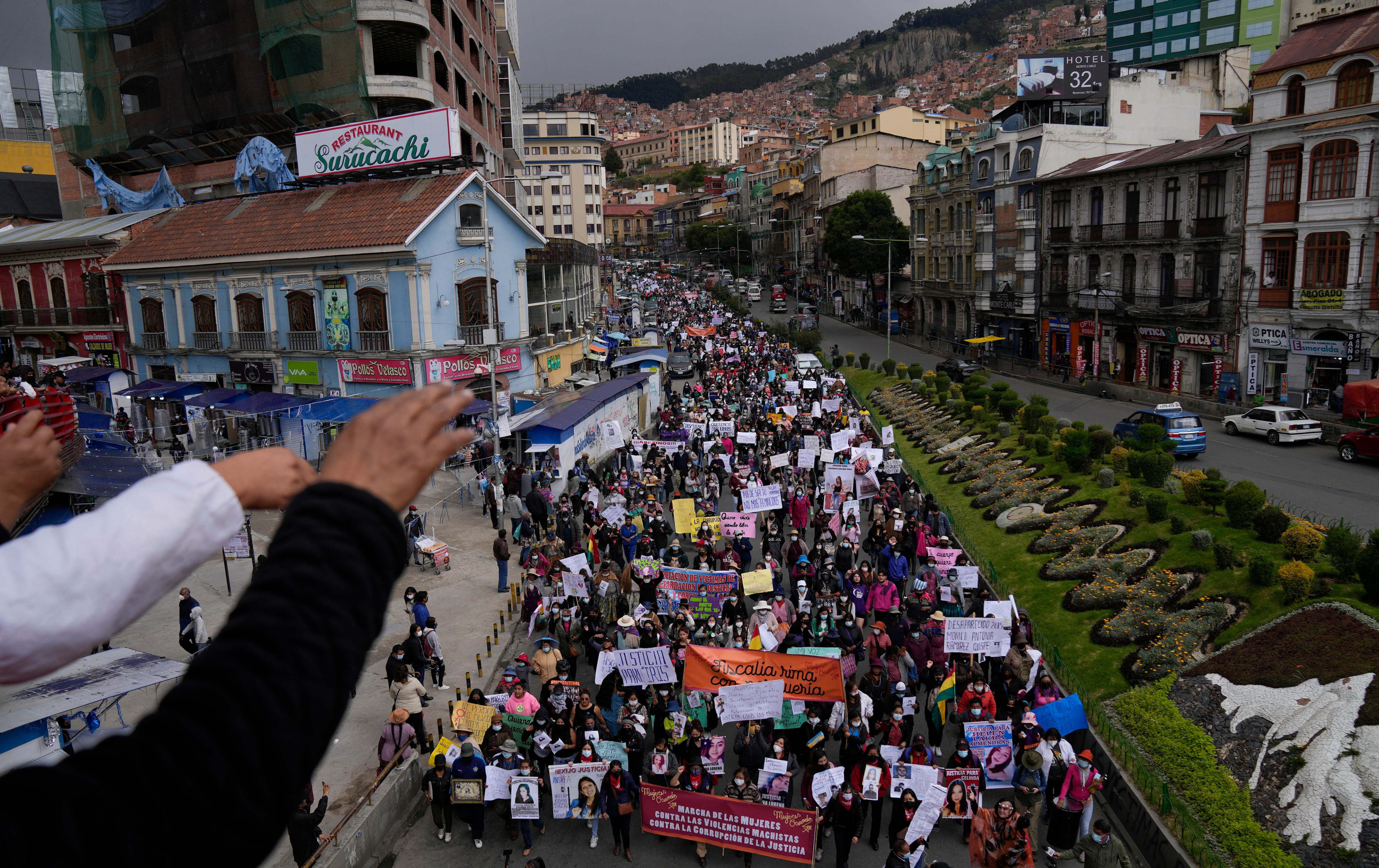 Demonstrators march to protest against gender violence, particularly against the disappearances of women and femicides in La Paz, Bolivia.  (Photo: AP/Juan Karita)