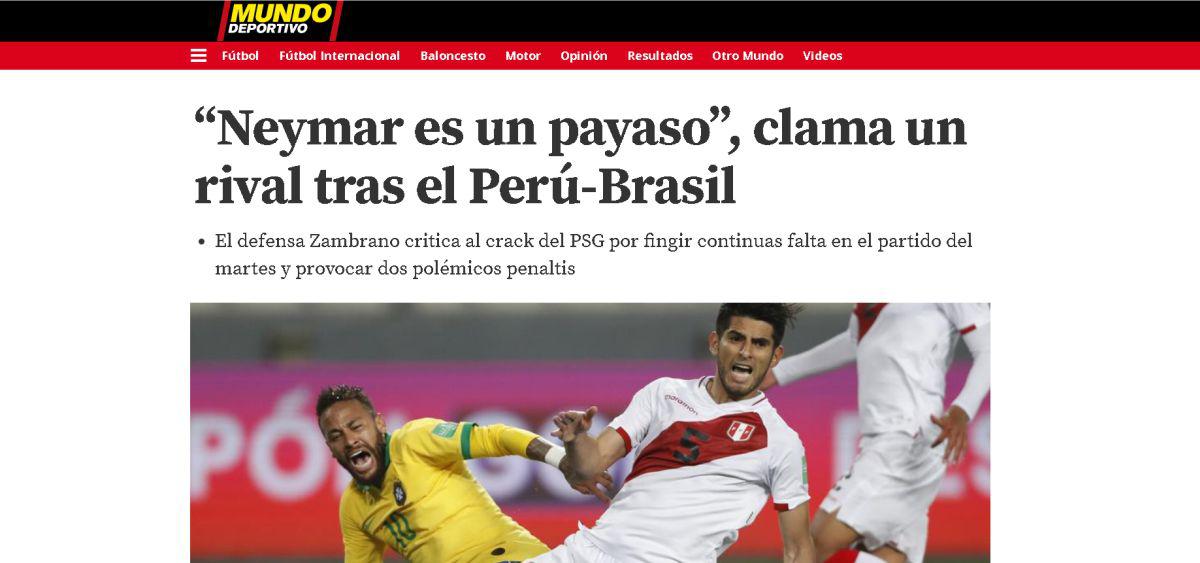 La reacción de la prensa del mundo a las palabras de Carlos Zambrano sobre Neymar. (Captura: Mundo Deportivo)