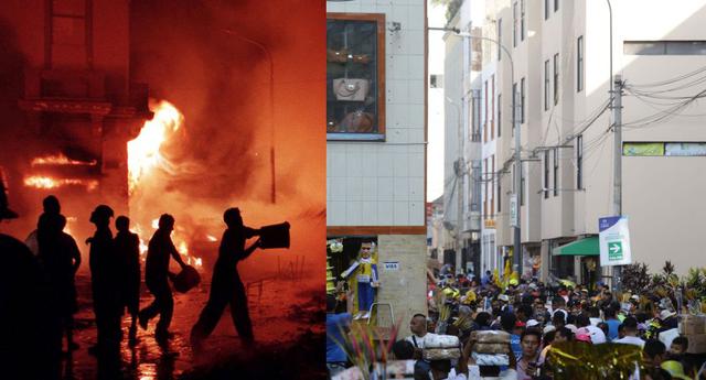 La foto de la izquierda muestra el momento del incendio ocurrido en mesa redonda el 29 de diciembre del 2001. La foto de la izquierda muestra a Mesa Redonda en la actualidad. 

(Fotos: Archivo El Comercio/ Jesús Saucedo)