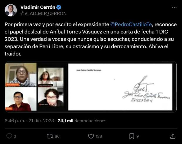 Vladimir Cerrón uso la carta para renovar sus críticas a Aníbal Torres