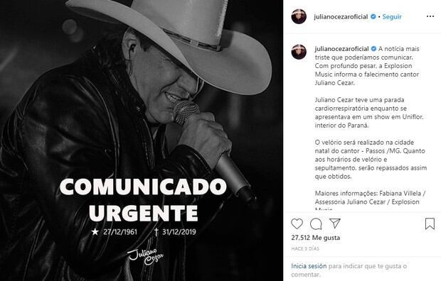 Comunicado oficial de la muerte de Juliano Cezar (Foto: Instagram)