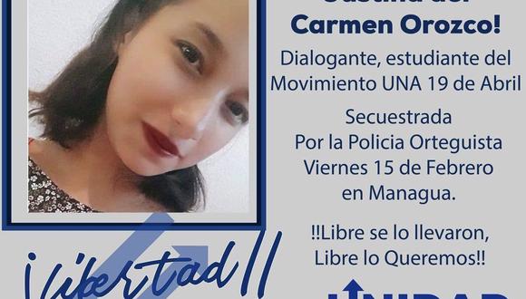 La lideresa estudiantil Justina del Carmen Orozco, de 19 años, capturada por la Policía de Nicaragua ayer, fue liberada la tarde de este domingo. (Twitter)