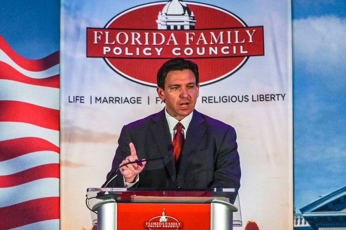 Florida Governor Ron DeSantis, Republican, speaks during a gala held on the evening of May 21, 2023, in Orlando, Florida, United States.  (Photo by Giorgio Viera / EFE)