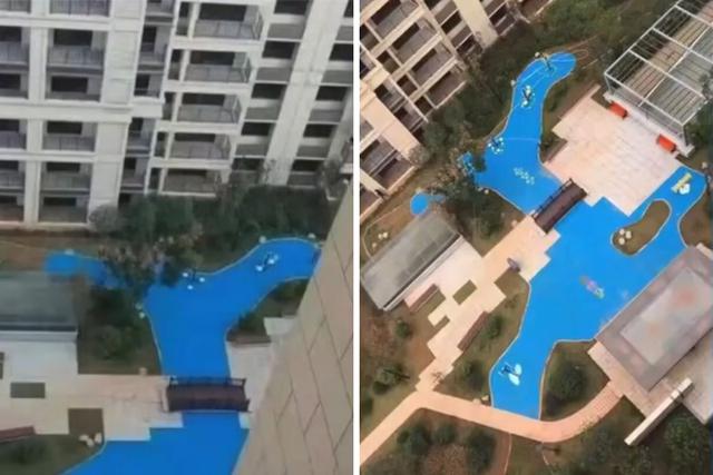 Los enfurecidos dueños de los departamentos denunciaron que el ofrecido lago artificial se trataba de uno hecho de plástico azul. (Foto: Pear Video en YouTube)