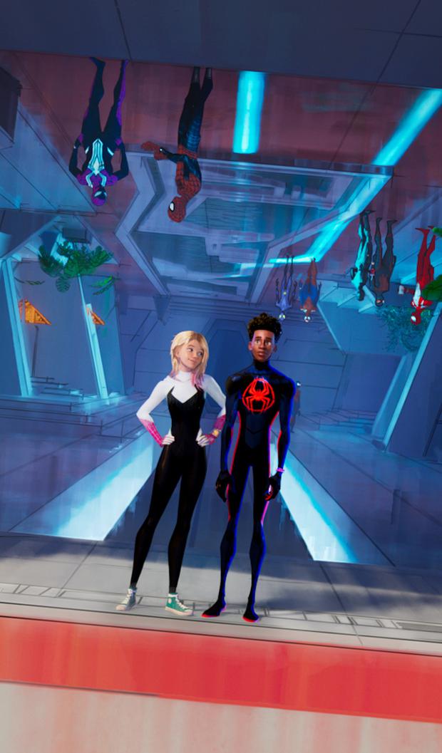 Gwen Stacy (Hailee Steinfeld) and Miles Morales (Shameik Moore) in the "hub" of the Spider Society.