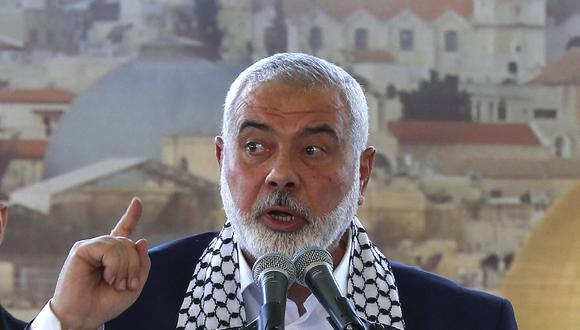 El líder del movimiento palestino Hamas, Ismail Haniyeh, habla en un mitin público durante su visita a la ciudad de Saida, en el sur del Líbano, el 26 de junio de 2022. (Foto de MAHMOUD ZAYYAT / AFP)