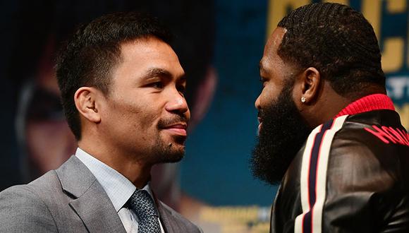 Manny Pacquiao y Arien Broner se vieron cara a cara en la conferencia de prensa que se realizó en Gotham Hall. (Foto: AFP)