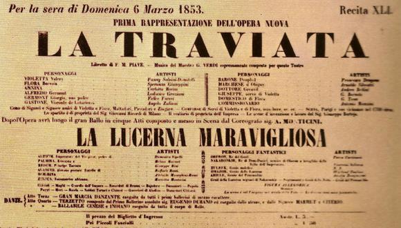 Un afiche de "La Traviata", ópera de Giuseppe Verdi que se estrenó el 6 de marzo de 1853, en el teatro La Fenice de Venecia. (Imagen de domino público)