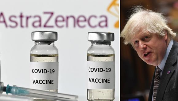 Imagen del logo de la farmacéutica AstraZeneca y del primer ministro británico, Boris Johsnon. Ambos defendieron la eficacia de la vacuna contra el coronavirus. (Foto: AFP).