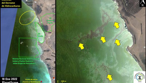 Manchas de petróleo captadas en el mar (der) de Lima y las zonas protegidas afectadas por el derrame de crudo. La imagen también muestra el avance de la marea negra hacia el norte de nuestro litoral. (Fuente: PlanetScope / Conservación Amazónica)