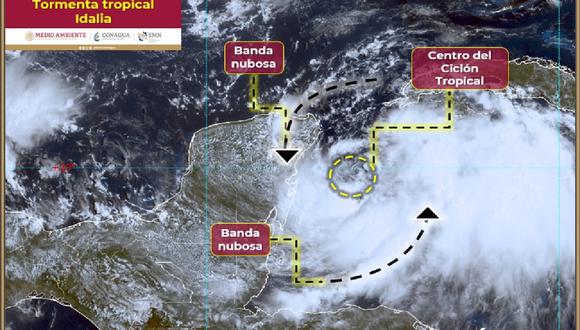 La depresión tropical Diez, intensificada y ahora convertida en tormenta tropical Idalia, sobre la península de Yucatán, en México, el 27 de agosto de 2023. (Imagen de X/Twitter @conagua_clima)