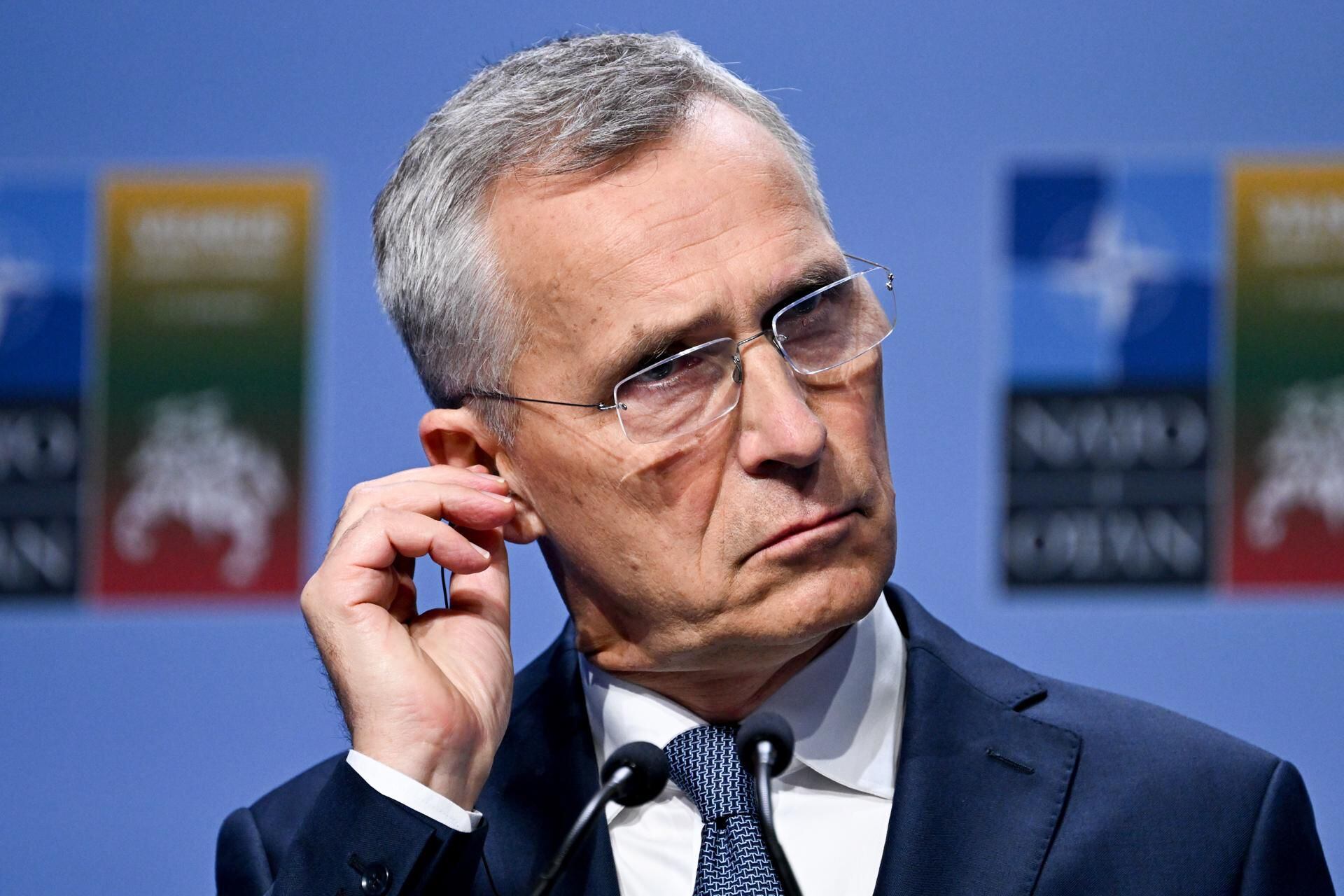 NATO Secretary General Jens Stoltenberg attends a joint press conference with the Lithuanian president on the summit in Vilnius, Lithuania, on July 10, 2023. (EFE/EPA/FILIP CANTANTE).