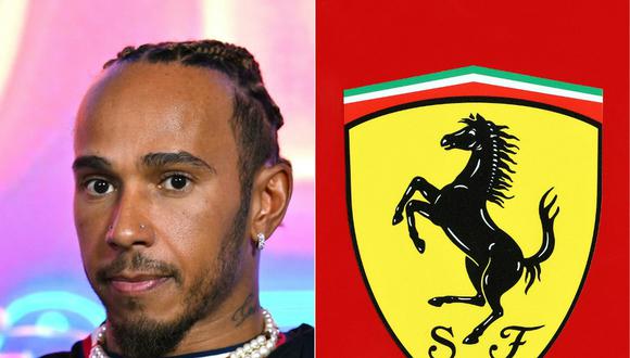 (COMBO) This combination of file pictures created on February 1, 2024, shows Mercedes' British driver Lewis Hamilton attending a press conference ahead of the Las Vegas Grand Prix in las vegas on November 15, 2023, and the logo of Team Ferrari seen on the first day of Formula One pre-season testing at the Bahrain International Circuit in Sakhir on February 23, 2023. (Photo by ANGELA WEISS and Giuseppe CACACE / AFP)
