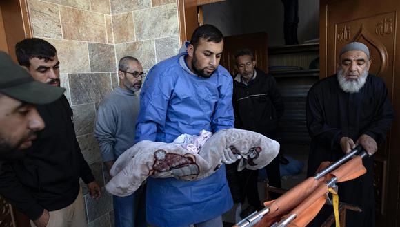 El cuerpo de un miembro de la familia Dardasawi, asesinado durante un ataque aéreo israelí en Jan Yunis, es llevado a las afueras del Hospital Nasser en Jan Yunis, Franja del Sur de Gaza, 06 de enero de 2024. (Foto de EFE/EPA/HAITHAM IMAD)