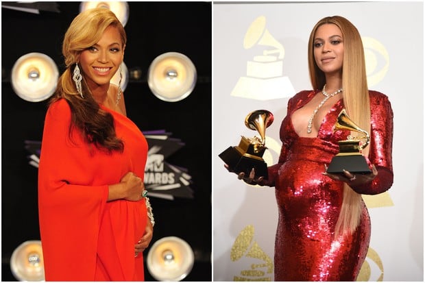 Beyoncé durante el embarazo de su primera hija Blue Ivy Carter en 2011 (izq.) Fotografía tomada en 2017 de la cantante embarazada de los gemelos Rumi y Sir Carter. (Foto: Agencias)