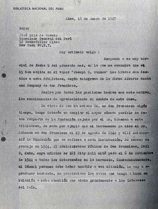 Carta de Jorge Basadre a José Luis de Cossio, cónsul general del Perú en Nueva York, EE.UU., para pedirle información sobre la herencia (Foto: Archivo BNP)