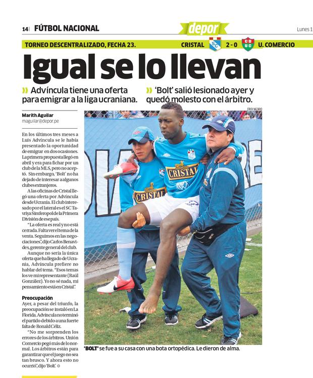 The Depor newspaper reported on Luis Advíncula's injury.  Despite this, he ended up traveling to the Ukraine.  (Photo: GEC Archive).