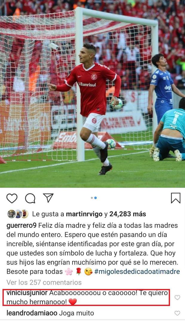 Vinicius Junior's message to Paolo Guerrero after 100 goals in Brazil.  (Instagram)