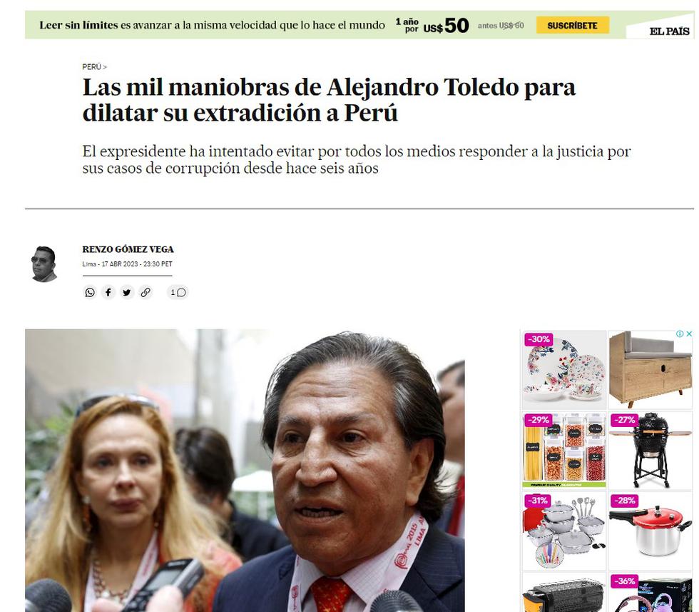 El diario El País informa con el titular "Las mil maniobras de Alejandro Toledo para dilatar su extradición a Perú". (Foto: Captura El País)